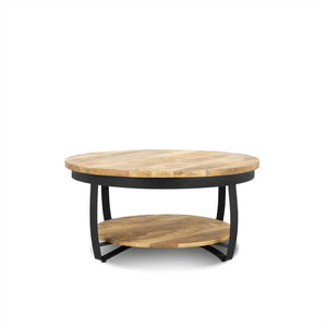 Stijlvolle salontafel met onderplank van mangohout met ronde vorm