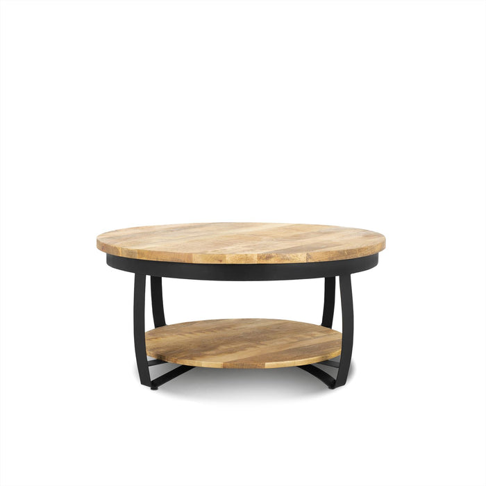 Stijlvolle salontafel met onderplank van mangohout met ronde vorm