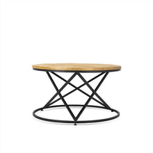 Afbeelding in Gallery-weergave laden, Ronde salontafel met mangohouten blad en speels metalen onderstel