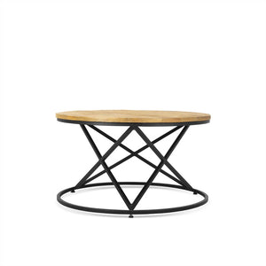 Ronde salontafel met mangohouten blad en speels metalen onderstel