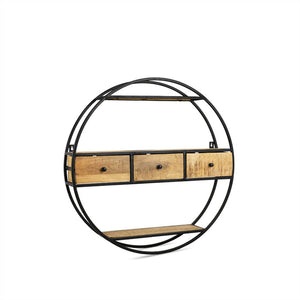 Ronde wandkast met 3 lades – zwart metaal & mangohout