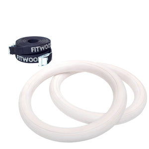 FitWood ULPU gym rings in wit glazier hout met zwarte strap