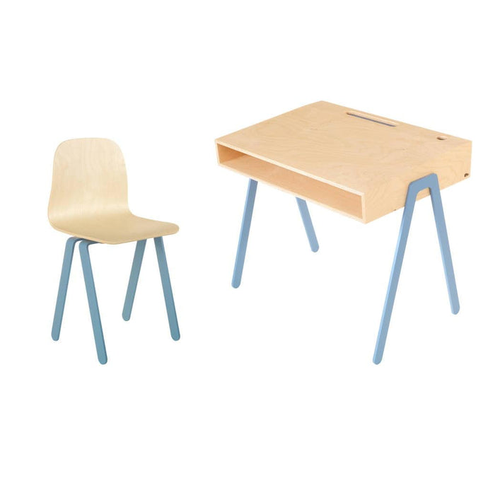 Kinderbureau uit duurzaam berken multiplex hout met stoel (6-10 jaar) met blauw aluminium