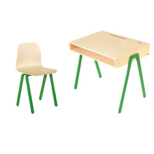 Afbeelding in Gallery-weergave laden, Kinderbureau uit duurzaam berken multiplex hout met stoel (6-10 jaar) met groen aluminium
