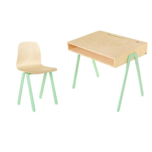 Kinderbureau uit duurzaam berken multiplex hout met stoel (6-10 jaar) met munt aluminium