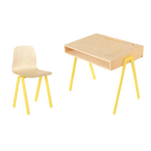 Afbeelding in Gallery-weergave laden, Kinderbureau uit duurzaam berken multiplex hout met stoel (6-10 jaar) met geel aluminium