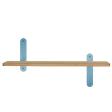 Afbeelding in Gallery-weergave laden, Houten wandplank 60cm voor kinderkamer met aluminium wandbeugels in kleur blauw