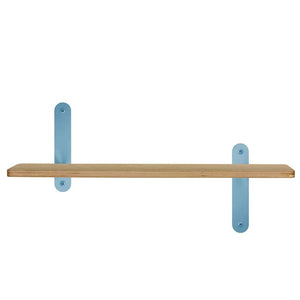 Houten wandplank 60cm voor kinderkamer met aluminium wandbeugels in kleur blauw