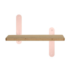 Afbeelding in Gallery-weergave laden, Houten wandplank 36cm voor kinderkamer met aluminium wandbeugels in kleur roze