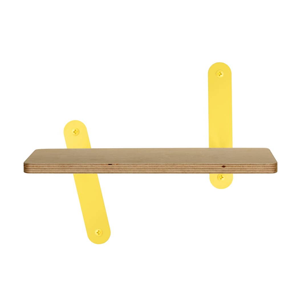 Houten wandplank 36cm voor kinderkamer met aluminium wandbeugels in kleur geel