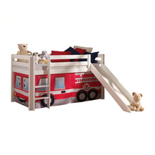 Afbeelding in Gallery-weergave laden, Vipack Halfhoogslaper Pino wit met glijbaan en brandweerwagen speelgordijn